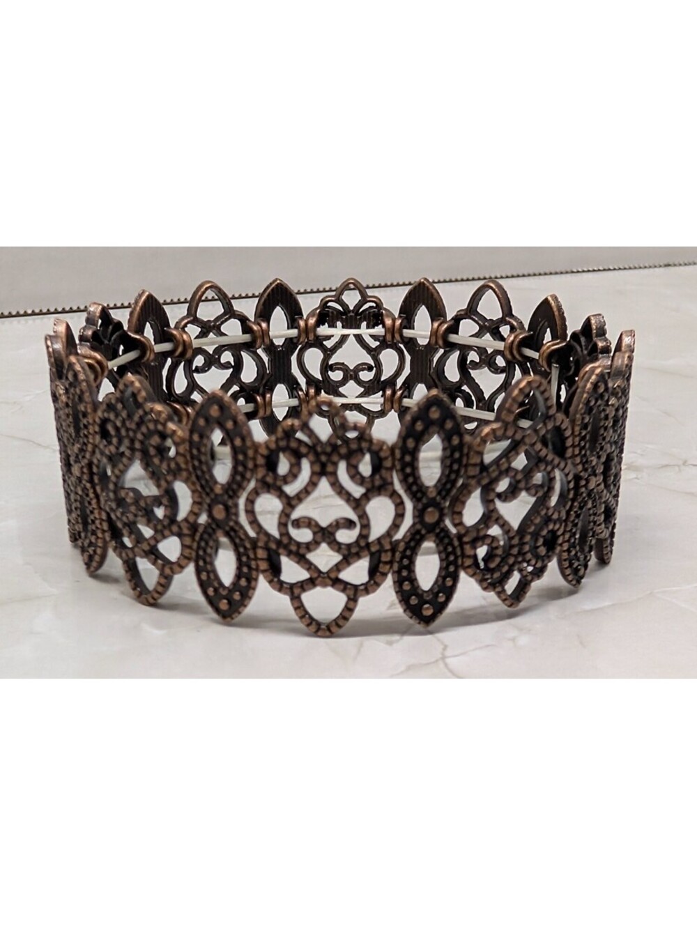 New Filigree Stretch Bracelet Wide Openwork Lace Scroll Cuff Copper Tone 1 Inch